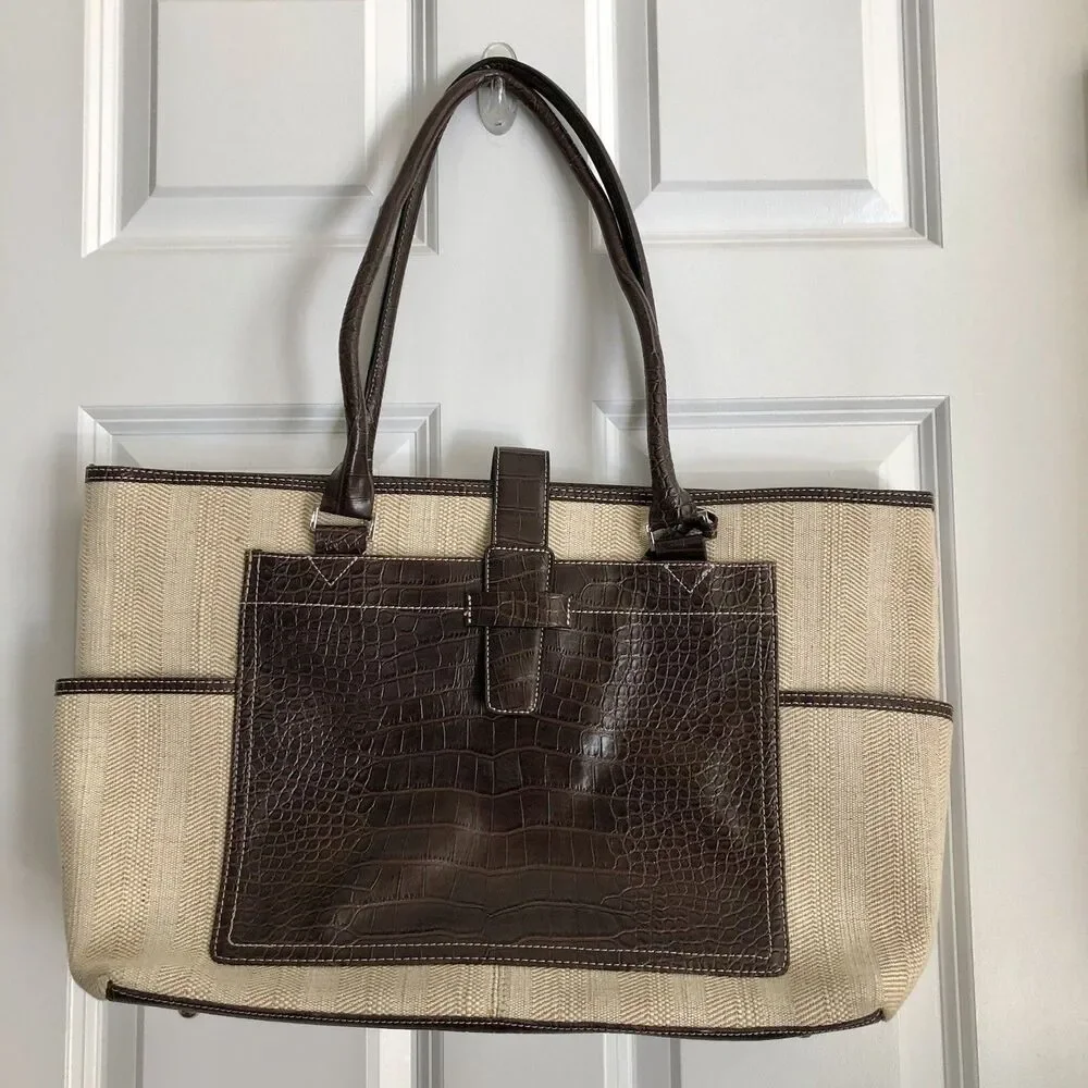 CROFT AND BARROW TOTE BAG LAPTOP BROWN/TAN SHOULDER CROCODILE & CAVANAS